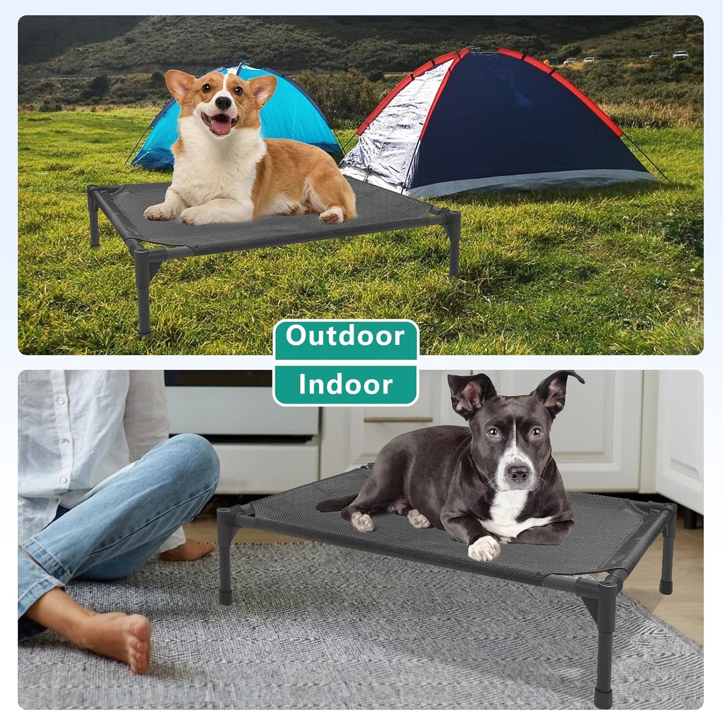 Medium Elevated Outdoor Dog Bed (32x25x8in) – Raised, Summer-Ready, Waterproof Dog Cot with Breathable Teslin Mesh, Durable Non-Slip Base, Portable Design, 80 lbs Capacity, Black