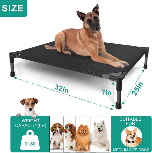 Medium Elevated Outdoor Dog Bed (32x25x8in) – Raised, Summer-Ready, Waterproof Dog Cot with Breathable Teslin Mesh, Durable Non-Slip Base, Portable Design, 80 lbs Capacity, Black