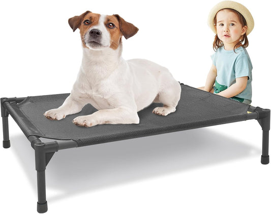 Medium Elevated Outdoor Dog Bed (32x25x8in) – Raised, Summer-Ready, Waterproof Dog Cot with Breathable Teslin Mesh, Durable Non-Slip Base, Portable Design, 80 lbs Capacity, Black
