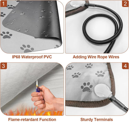 Dog Heating Pad (28x18in) – Waterproof Pet Heating Pad with Smart Thermostat, Heated Dog Bed for Whelping, Includes Wire Rope for Stability, Paw Print Design Puppy Heating Mat