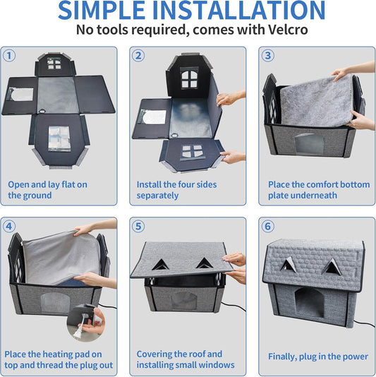 Heated Cat House with Pet Heating Pads – Intelligent Thermostat Controller, Indoor/Outdoor Kitty Shelter, Foldable Heated Bed for Puppies, Waterproof and Sturdy with Cute Windows