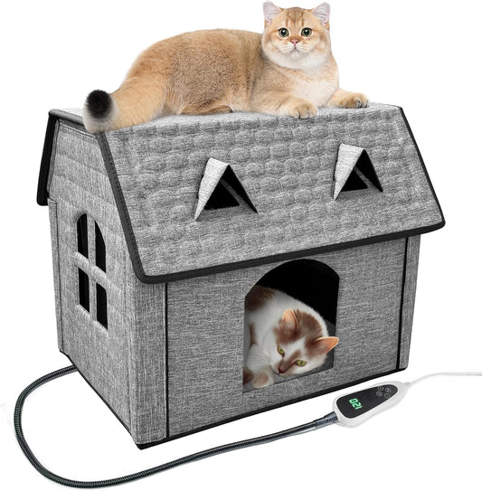 Heated Cat House with Pet Heating Pads – Intelligent Thermostat Controller, Indoor/Outdoor Kitty Shelter, Foldable Heated Bed for Puppies, Waterproof and Sturdy with Cute Windows